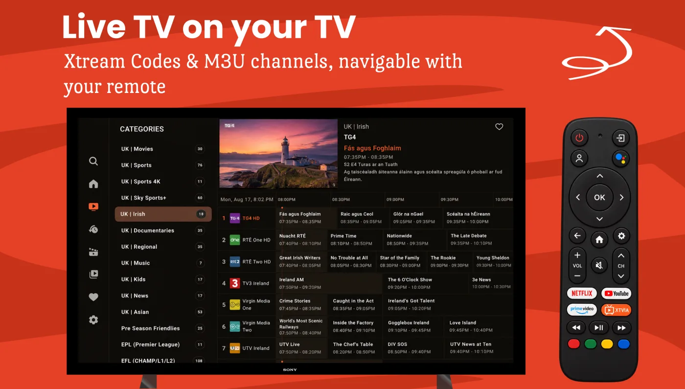 TV — Live TV with the category list and a seven-day EPG grid